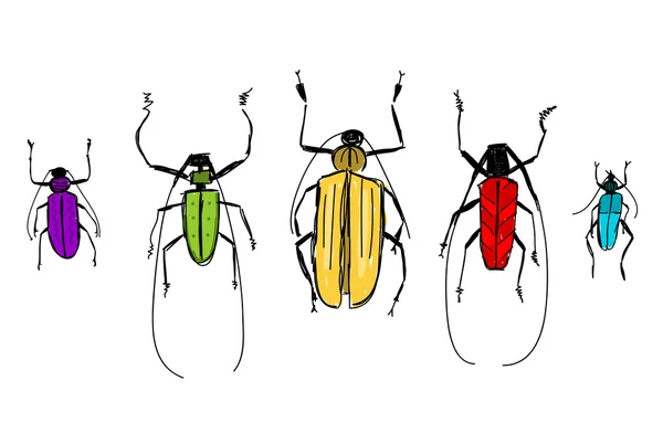 Skiss av roliga färgglada skalbaggar för din design — Stock vektor