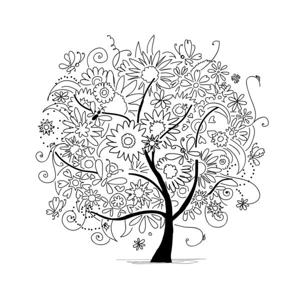 Schizzo di albero floreale per il vostro disegno — Vettoriale Stock