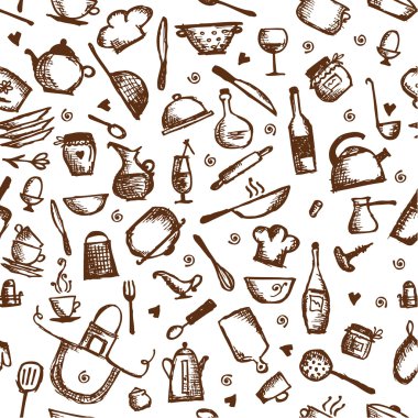 Kitchen utensils sketch, seamless pattern clipart