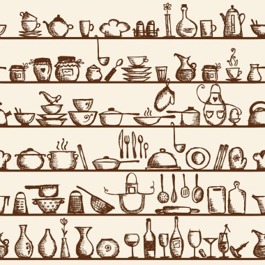 Kitchen utensils on shelves, sketch seamless pattern clipart