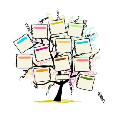 Art tree with papers for your text, hand drawn sketch clipart