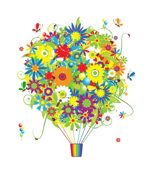 花のギフト、あなたのデザインのための花を持つ、熱気球 — ストックベクタ