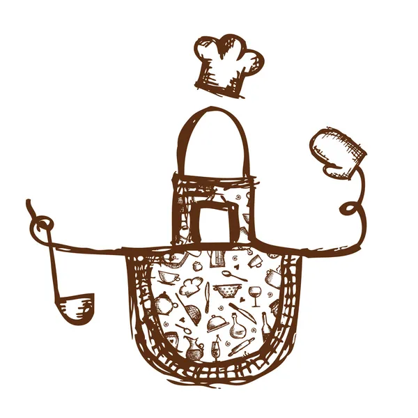 Delantal divertido con utensilios de cocina boceto para su diseño — Archivo Imágenes Vectoriales