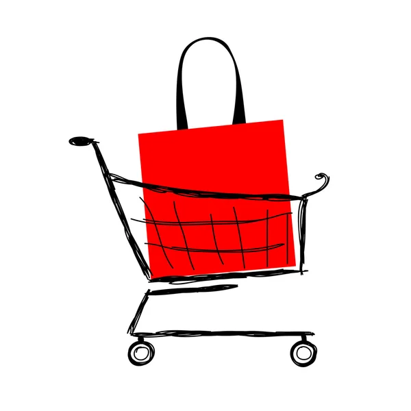 Bolso rojo en el carrito de compras para su diseño — Vector de stock
