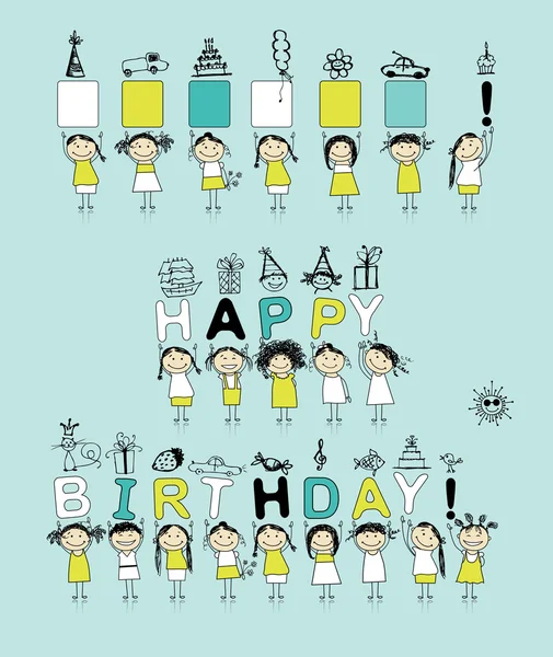 Tarjeta de cumpleaños con chicas divertidas para su diseño — Vector de stock