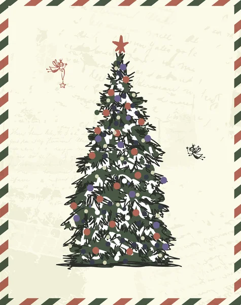Ретро открытка с рождественской елкой, эскиз для Вашего дизайна — стоковый вектор