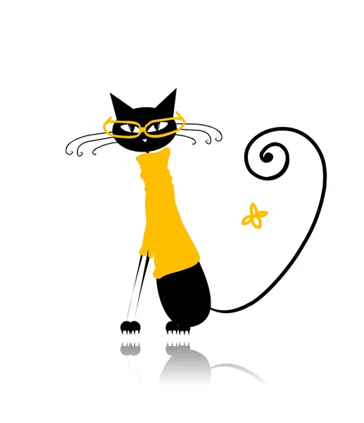 Μαύρη γάτα σε κίτρινο πουλόβερ και γυαλιά για το σχέδιό σας — Διανυσματικό Αρχείο