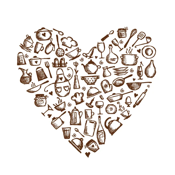 Adoro cucinare! Utensili da cucina schizzo, forma di cuore per il vostro disegno — Vettoriale Stock