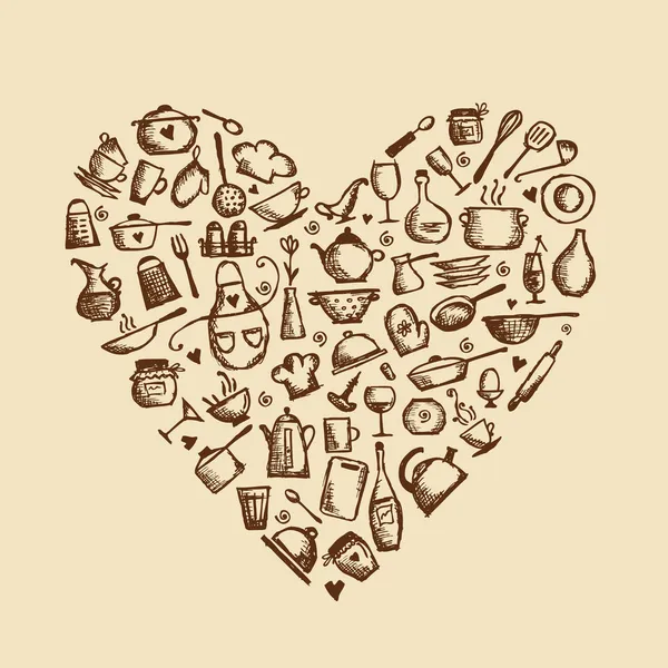 Adoro cozinhar! Utensílios de cozinha esboço, forma do coração para o seu projeto — Vetor de Stock
