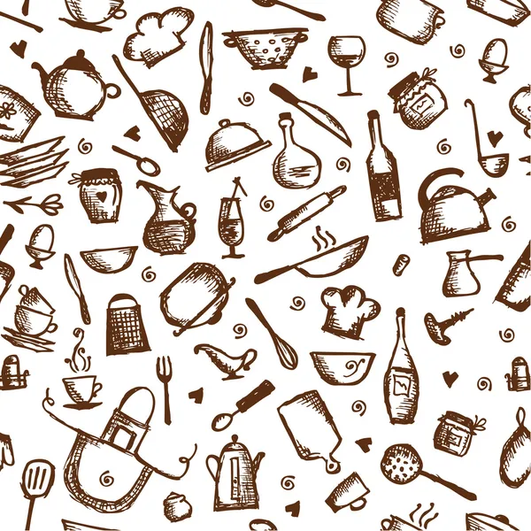 Keuken gebruiksvoorwerpen schets, naadloze patroon — Stockvector