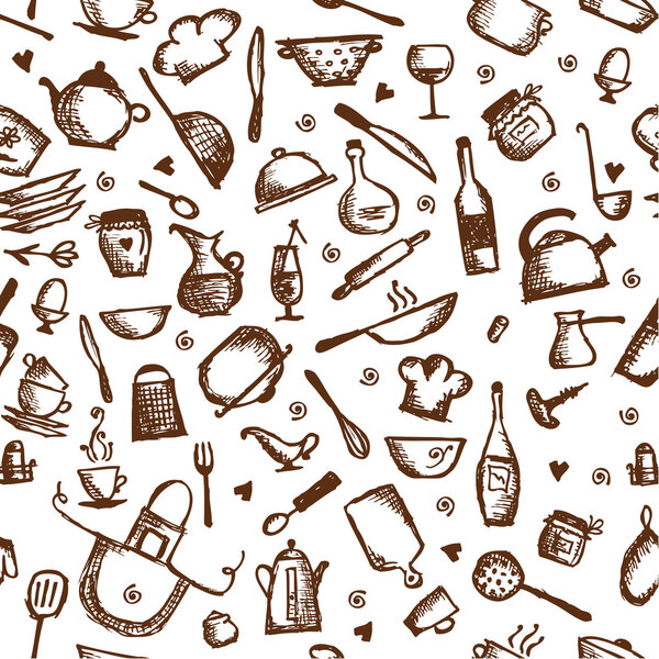 Kitchen utensils sketch, seamless pattern