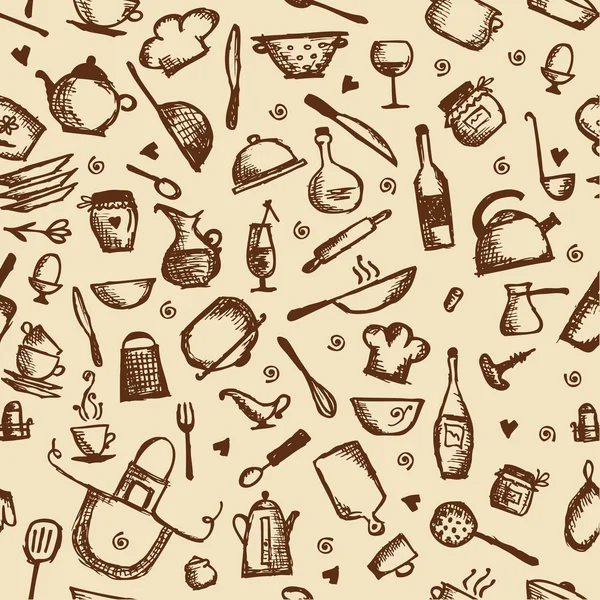 Keuken gebruiksvoorwerpen schets, naadloze patroon — Stockvector