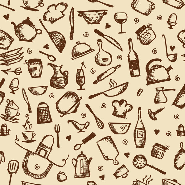 Kitchen utensils sketch, seamless pattern