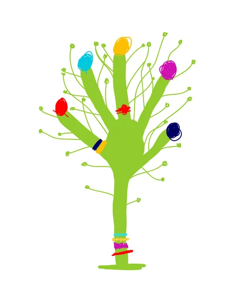 Groene hand aan grappig boom voor uw ontwerp — Stockvector