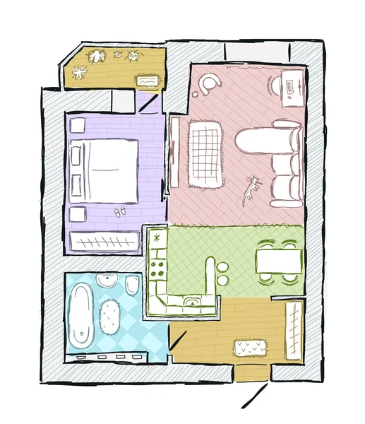 Bosquejo de diseño interior apartamento, ilustración vectorial dibujado a mano — Vector de stock