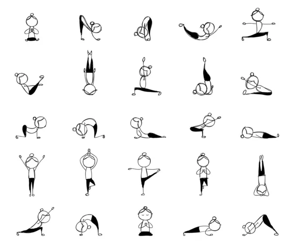 Practicando yoga, 25 poses para tu diseño — Vector de stock