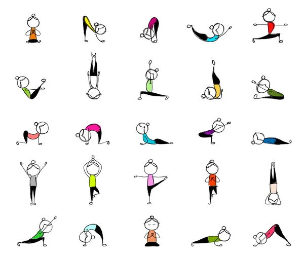 Practicando yoga, 25 poses para tu diseño — Vector de stock