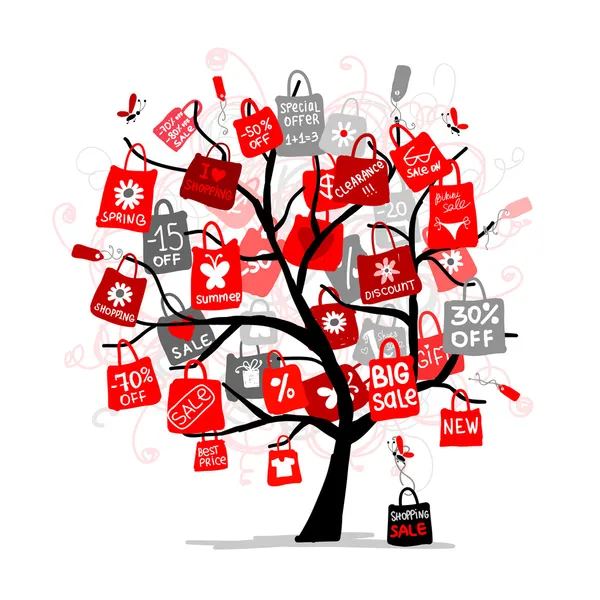 Borse shopping su albero per il vostro design, grande concetto di vendita — Vettoriale Stock