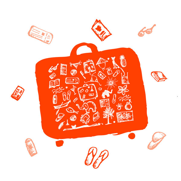 Летние каникулы эскиз, оранжевый чемодан для вашего дизайна
