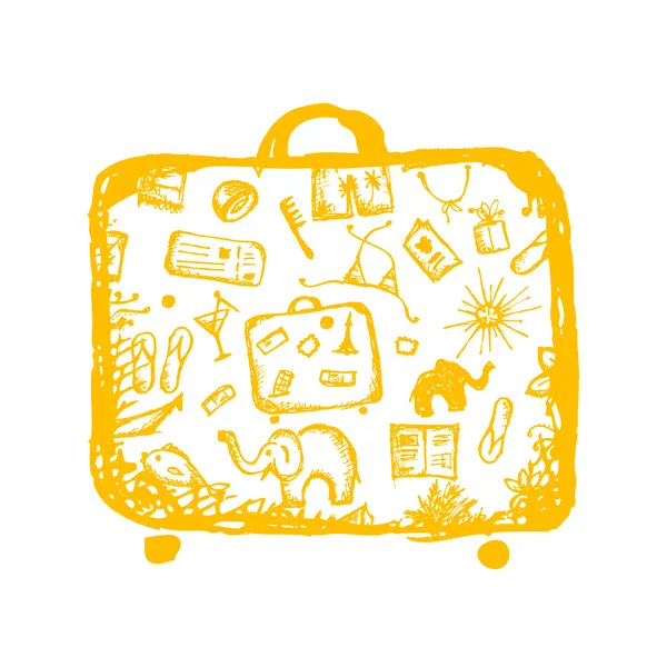 Sommerferienskizze, gelber Koffer für Ihren Entwurf — Stockvektor