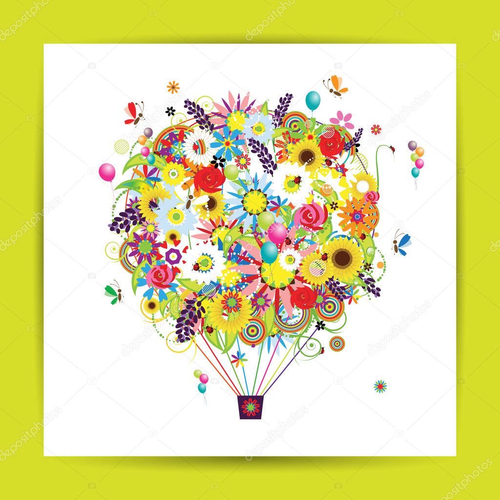 Gift card design with floral air balloon