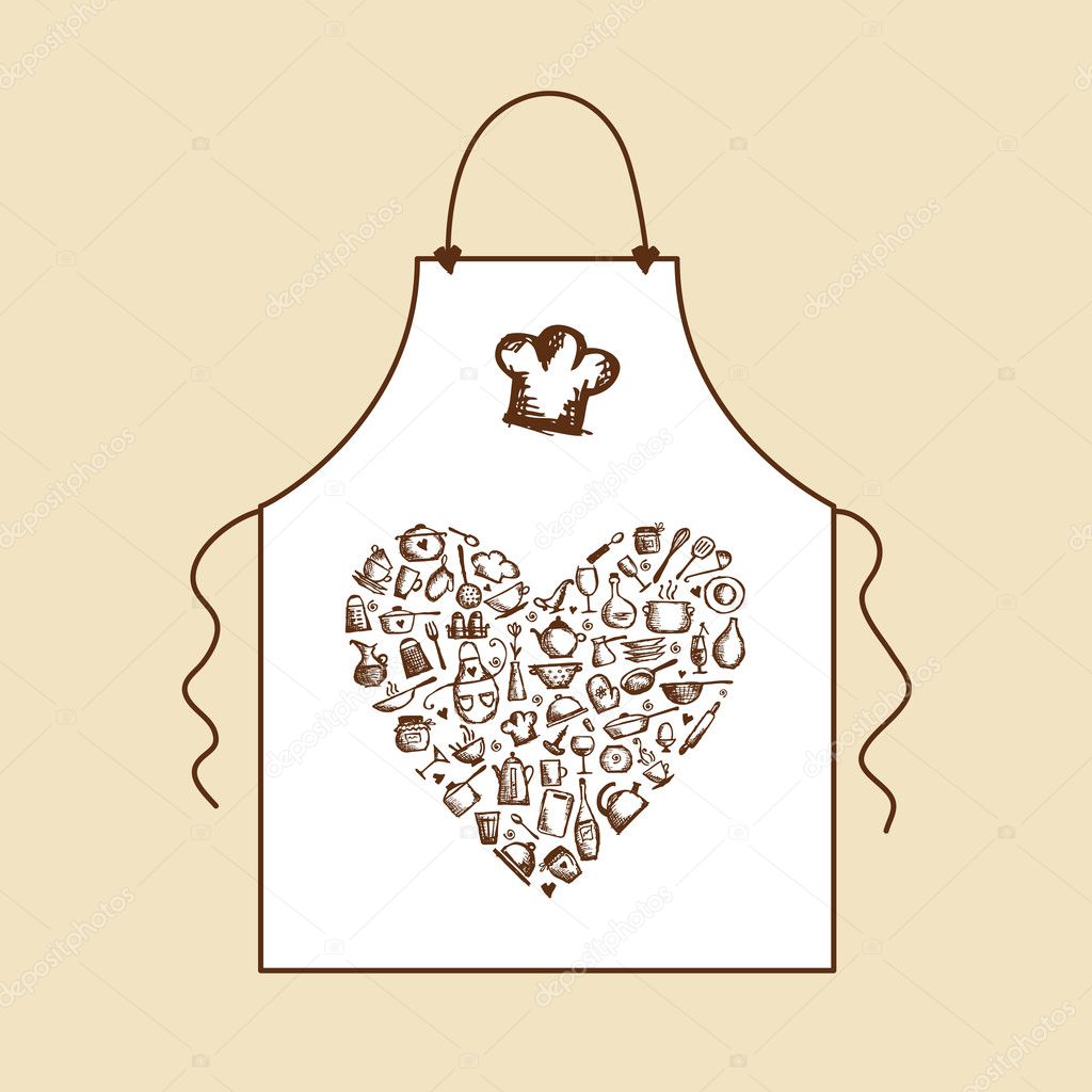I love cooking! Apron with kitchen utensils sketch for your design
