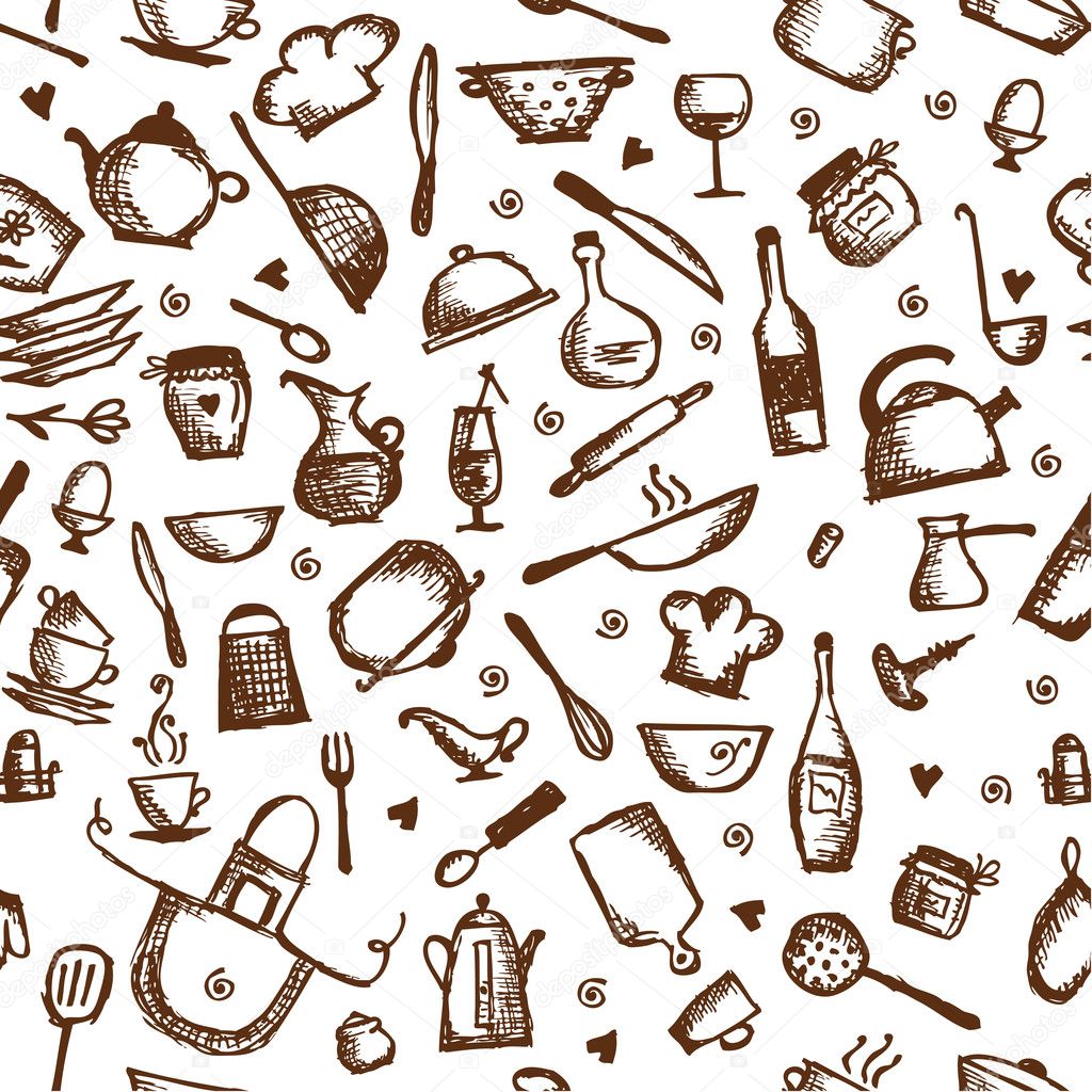 Kitchen utensils sketch, seamless pattern