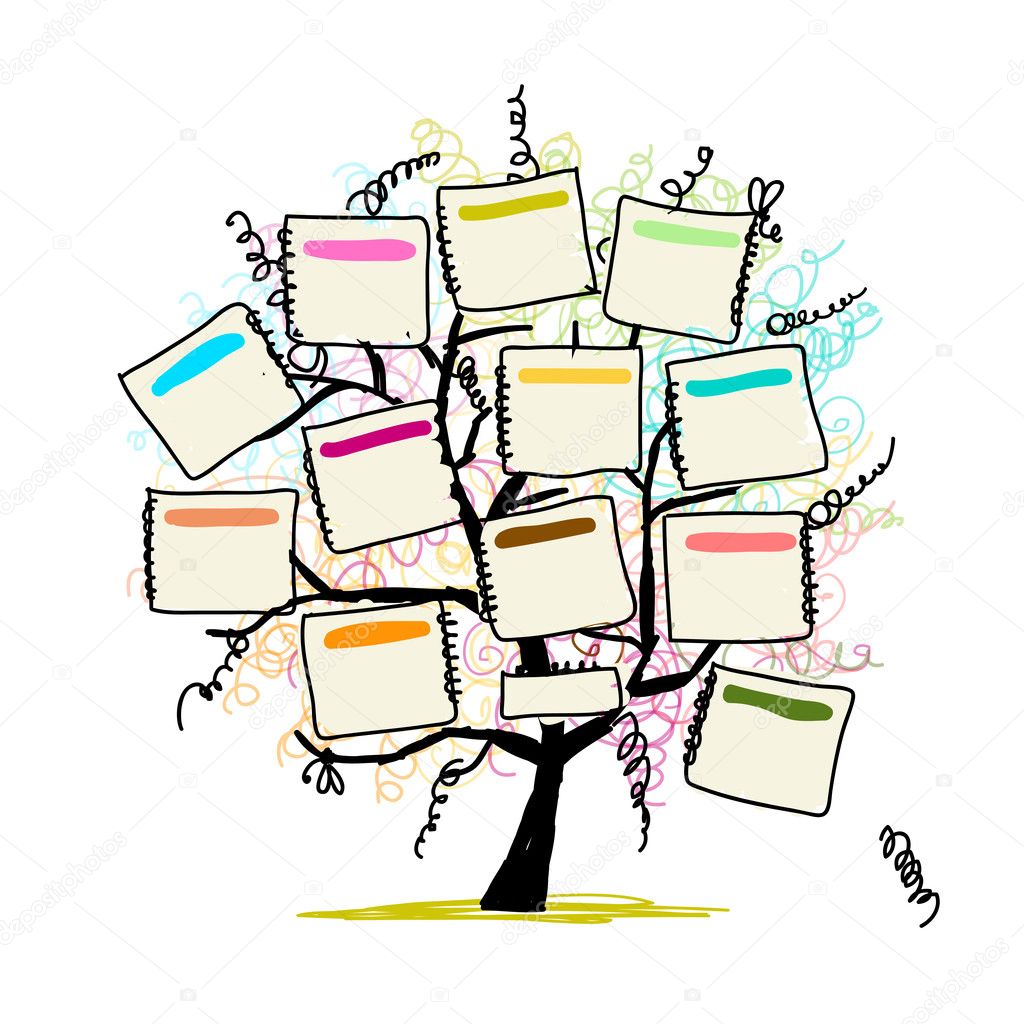 Art tree with papers for your text, hand drawn sketch