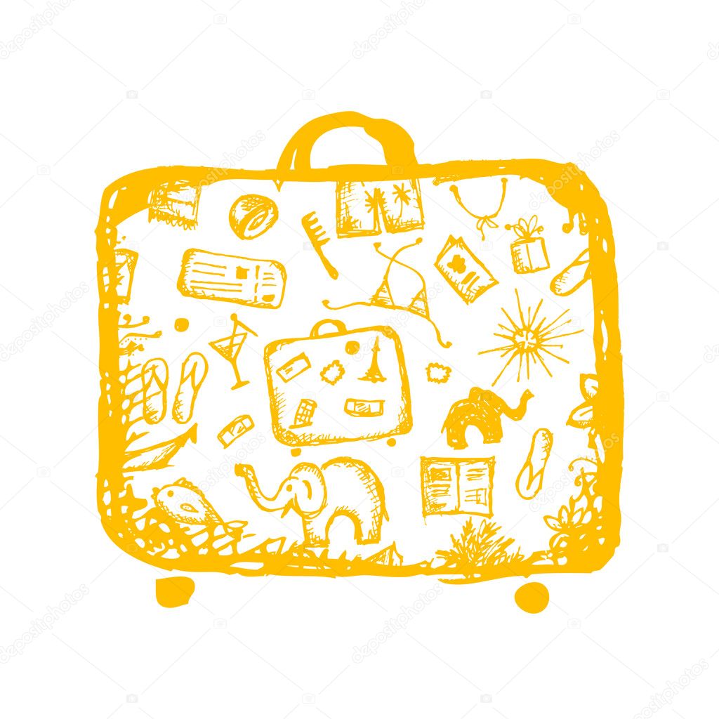 Summer vacations sketch, yellow suitcase for your design