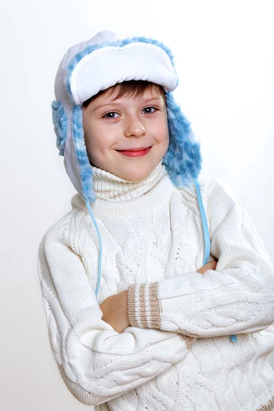 Παιδί, τον χειμώνα φθορά λευκό φόντο — Φωτογραφία Αρχείου