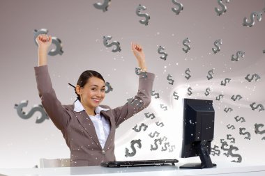 Businesswoman at workplace and money symbols clipart