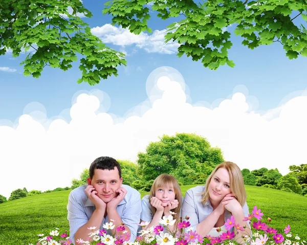 Коллаж с детьми и родителями на зеленой траве — стоковое фото