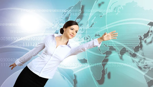 Frau in Businessbekleidung mit technologischem Hintergrund — Stockfoto