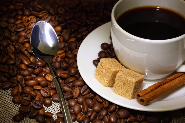 Grãos de café e xícara branca — Fotografia de Stock