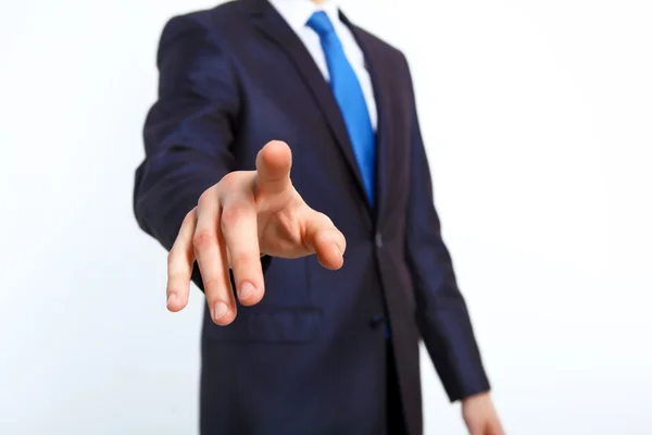 Empresário apertando um botão com o dedo — Fotografia de Stock