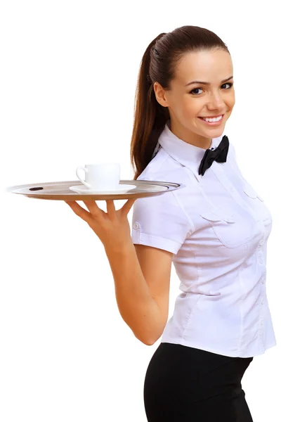 Young waitress with an empty tray — Stock Photo, Image