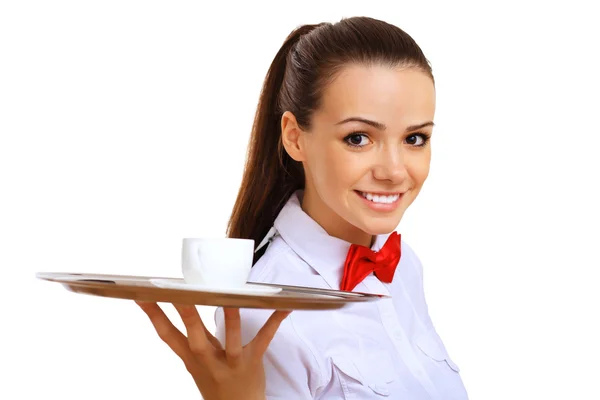 Unga servitrisen med en Töm bricka — Stockfoto