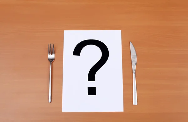 stock image Metal knife and fork and question mark