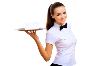 Young waitress with an empty tray clipart