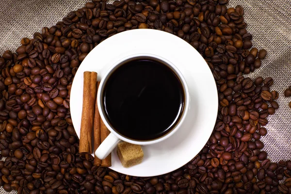 Grains de café et tasse blanche — Photo