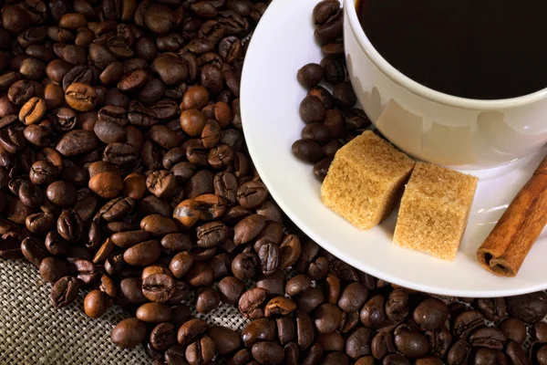 Kávová zrna a bílý šálek — Stock fotografie