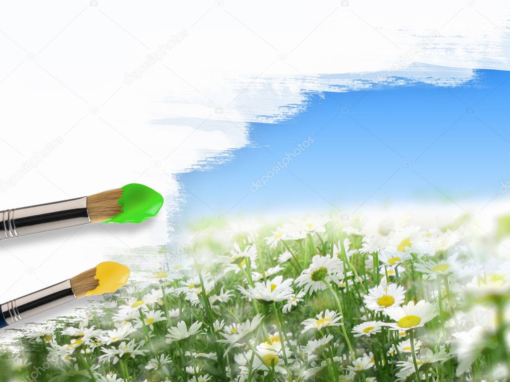 Paint brushes and landscape image