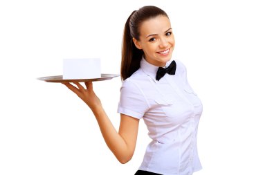 Young waitress with an empty tray clipart