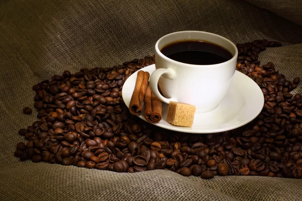 Coffee beans and white cup — Stock Photo, Image