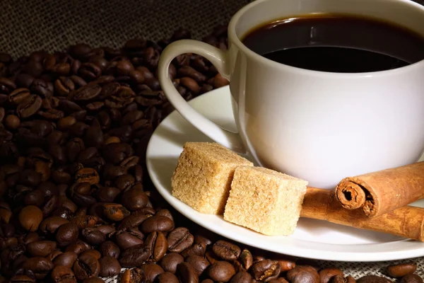 Kaffebönor och vit kopp — Stockfoto