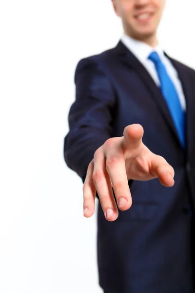 Homme d'affaires appuyant sur un bouton avec son doigt — Photo