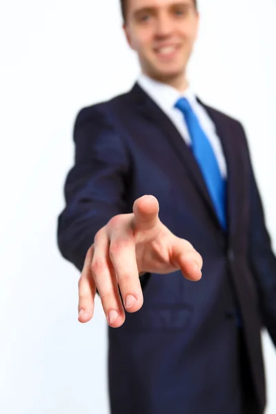 Affärsman trycka på en knapp med fingret — Stockfoto