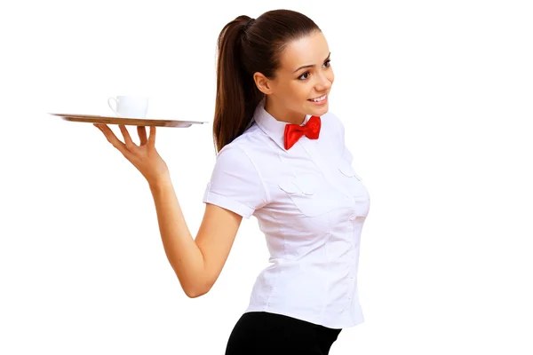 Young waitress in a white blouse — Stock Photo, Image