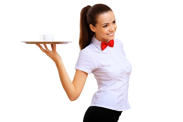 Junge Kellnerin in weißer Bluse — Stockfoto