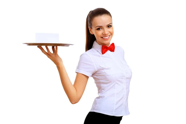 Молода офіціантка в білій блузці — стокове фото